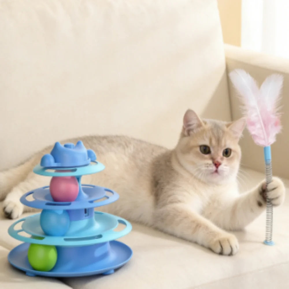 Andra Orbit™ | 4-Layer Interactive Cat Turntable - Multi-Level Tower with Feather Wand & Spin Balls